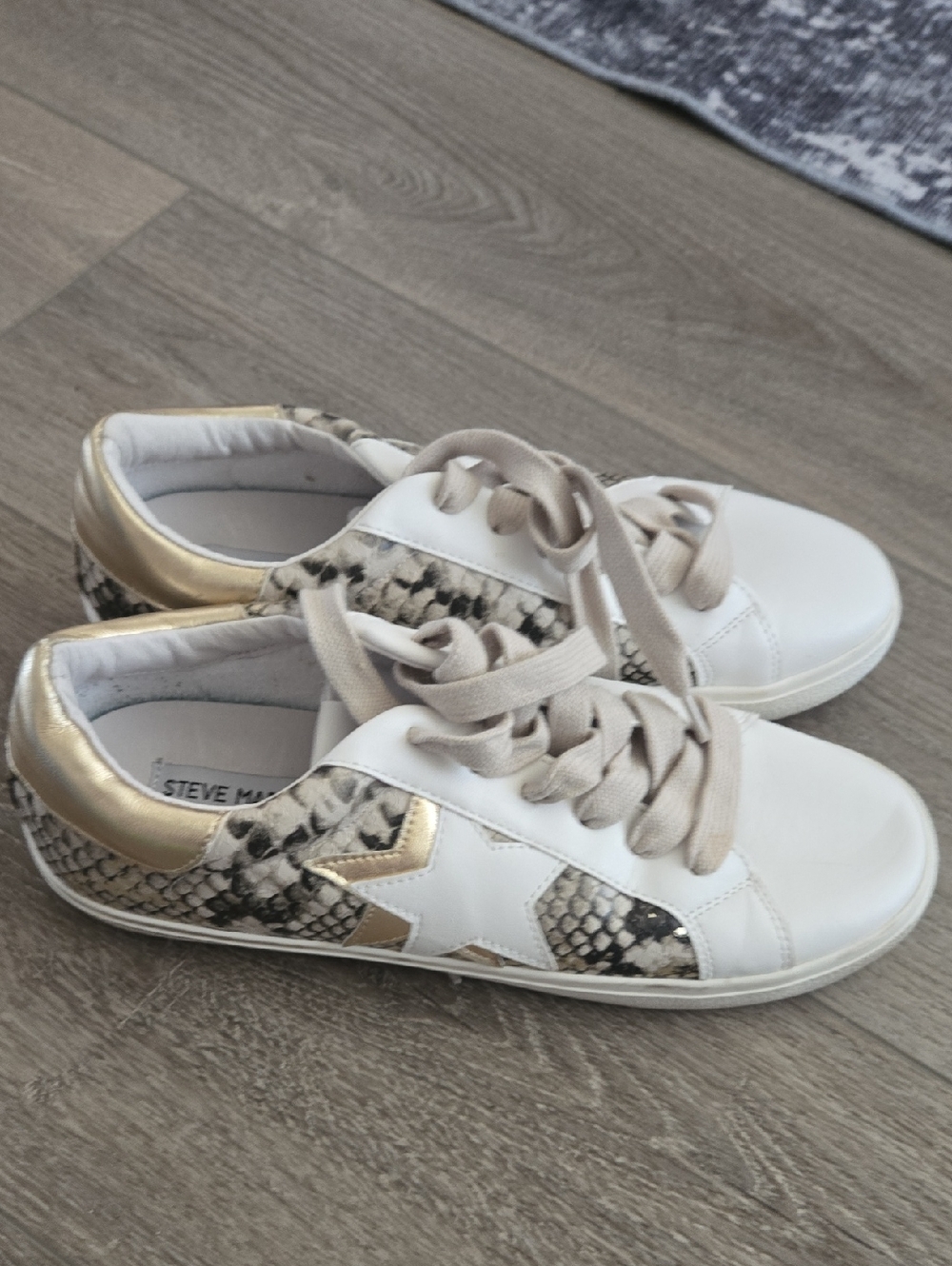 Steve Madden White Sneakers with Gold and Snake-Print Accents